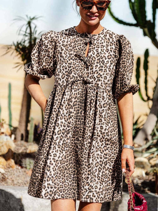 Dames Panterprint Jurk Met Pofmouwen En Strikdetails – Lente, Zomer En Vroege Herfst