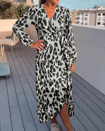 Dames Overslagjurk Met Luipaardprint En Lange Mouwen – Lente, Zomer En Herfst