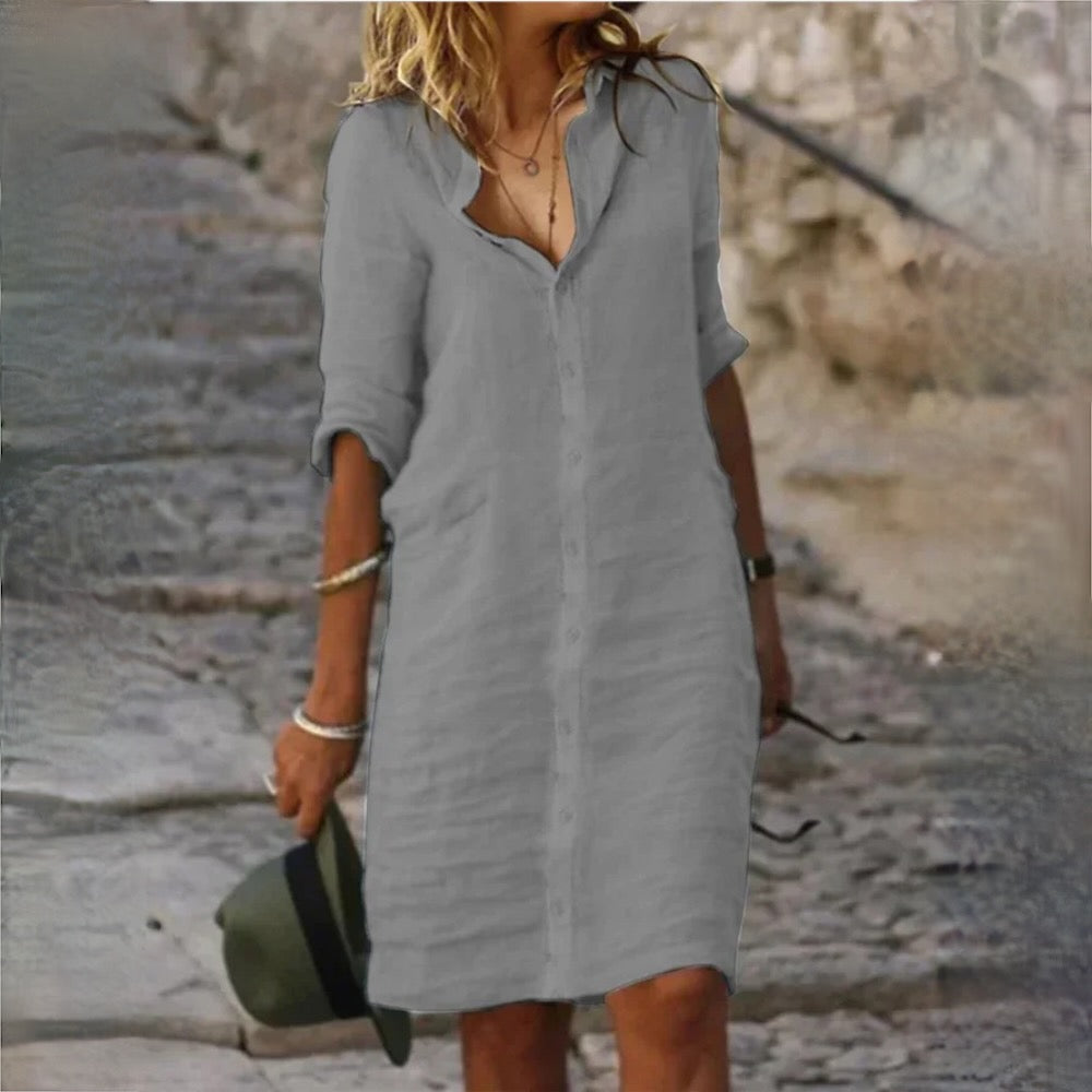 Dames Overhemdjurk Van Linnenlook Met Knoopsluiting – Lente, Zomer En Nazomer
