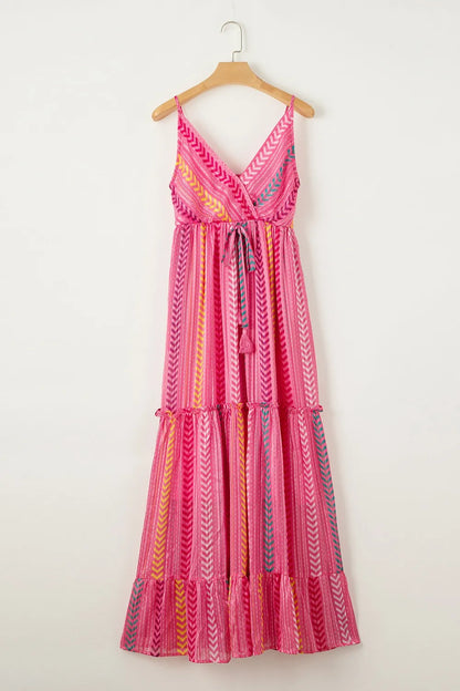 Zomerse Maxi Jurk Voor Dames – Geweven Textuur, Grafisch Patroon & Strikceintuur (Voorjaar, Zomer)