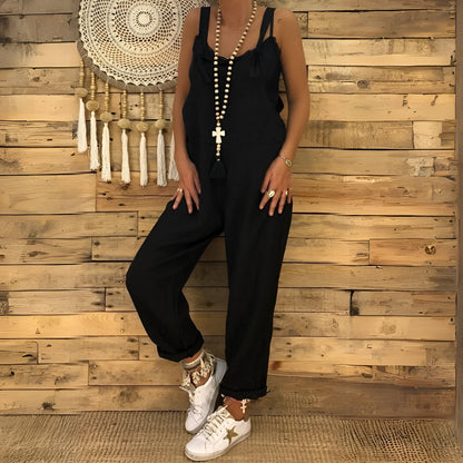 Casual Zwarte Dames Jumpsuit Met Strikbandjes – Comfortabel En Stijlvol Voor Elke Dag