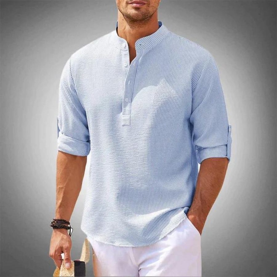 Luchtige heren zomerblouse met opstaande kraag – ademend, stijlvol & casual chic