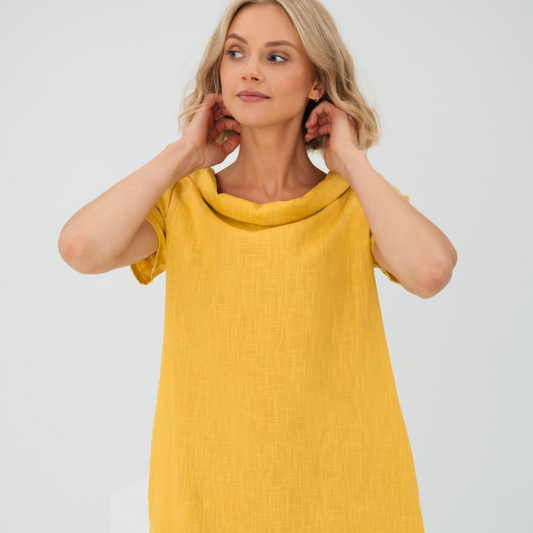 Dames Linnenlook Jurk Met Korte Mouwen En Brede Kraag – Lente, Zomer