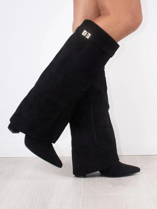 Dames Overknee Laars Met Wijde Schacht – Stretch Suède Look & Blokhak Voor Herfst & Winter