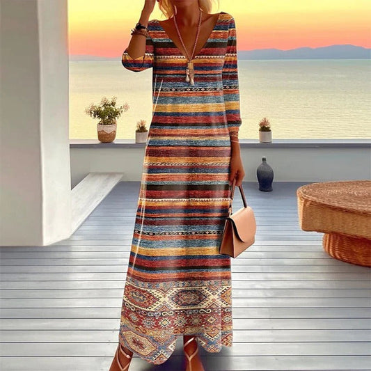 Maxi-Jurk Met Etnisch Streeppatroon – Bohemian Chic Voor Elke Zonsondergang