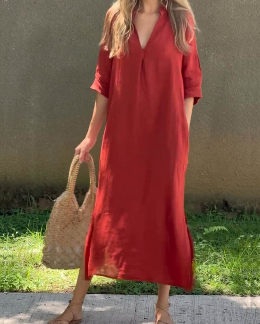 Dames Luchtige Maxi-Jurk Met V-Hals En Halflange Mouwen – Lente, Zomer En Vroege Herfst