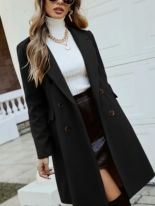 Lange Zwarte Mantel Met Dubbele Knopen – Stijlvolle Damesjas Voor Herfst & Winter Met Klassieke Pasvorm