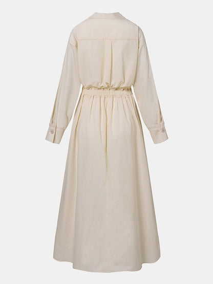 Stijlvolle Maxi Jurk Voor Dames – Effen Kleur, Praktische Zakken & Elegante Revers Met Knopen Voor Een Tijdloze Look Op Elke Gelegenheid.