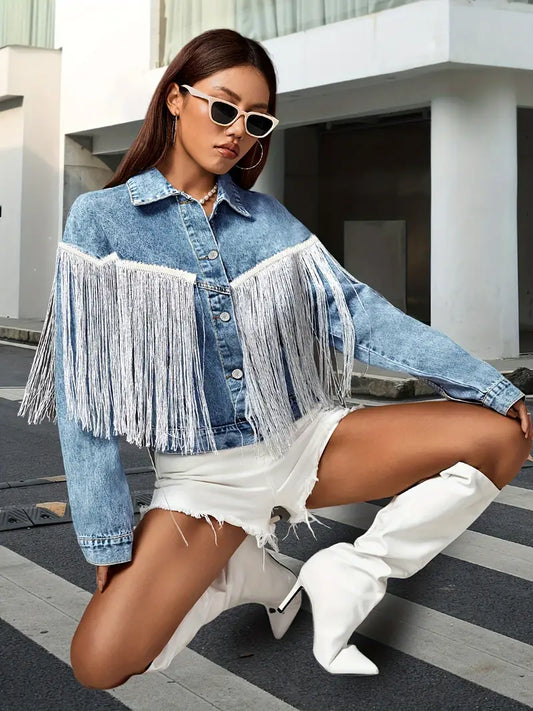 Denim Fringe Jacket Met Western Flair – Opvallend Lente-Zomer Statement Voor Dames