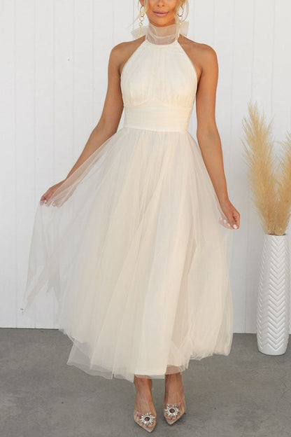 Tule Halterjurk Met Hoge Hals En Zwierige Rok – Etherisch En Elegant