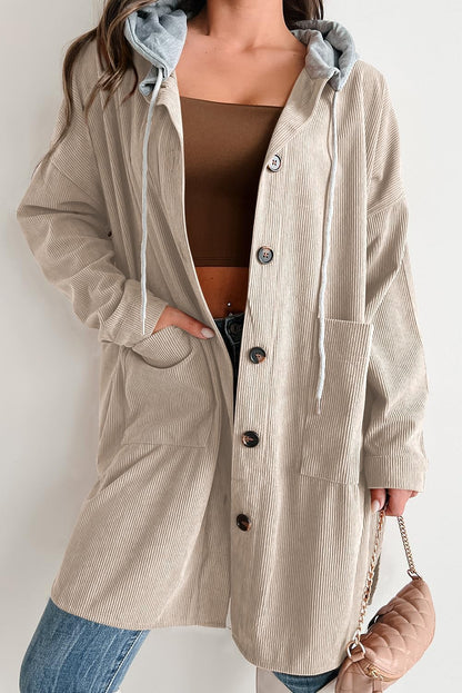 Oversized Corduroy Jas Met Capuchon En Knoopsluiting – Comfortabele Herfstjas Voor Dames Met Relaxte Pasvorm