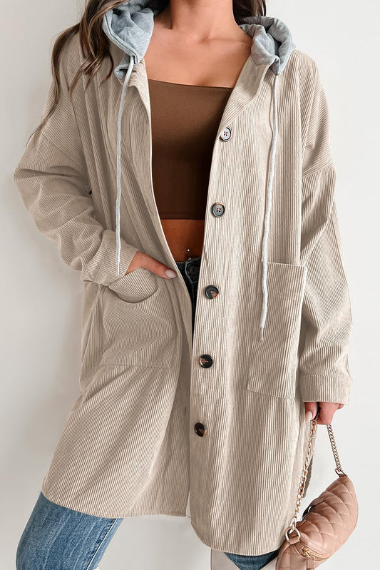 Oversized Corduroy Jas Met Capuchon En Knoopsluiting – Comfortabele Herfstjas Voor Dames Met Relaxte Pasvorm