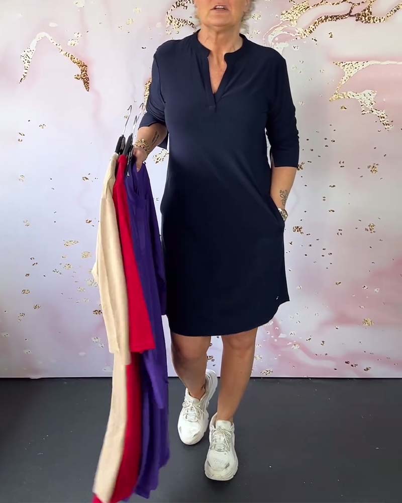 Comfortabele Dames Jurk Met Opstaande Kraag En 3/4 Mouwen – Perfect Voor Elke Dag In Lente, Zomer En Herfst