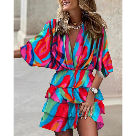 Dames Mini-Jurk Met Tropische Print En Volantrok – Lente, Zomer En Vroege Herfst