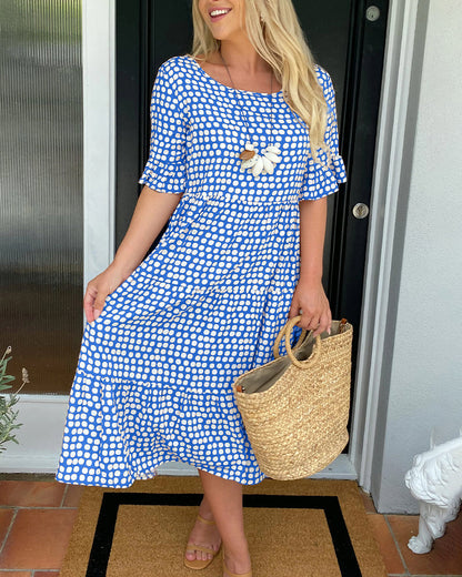 Dames Midi-Jurk Met Stippenprint En Ruches – Lente, Zomer En Vroege Herfst