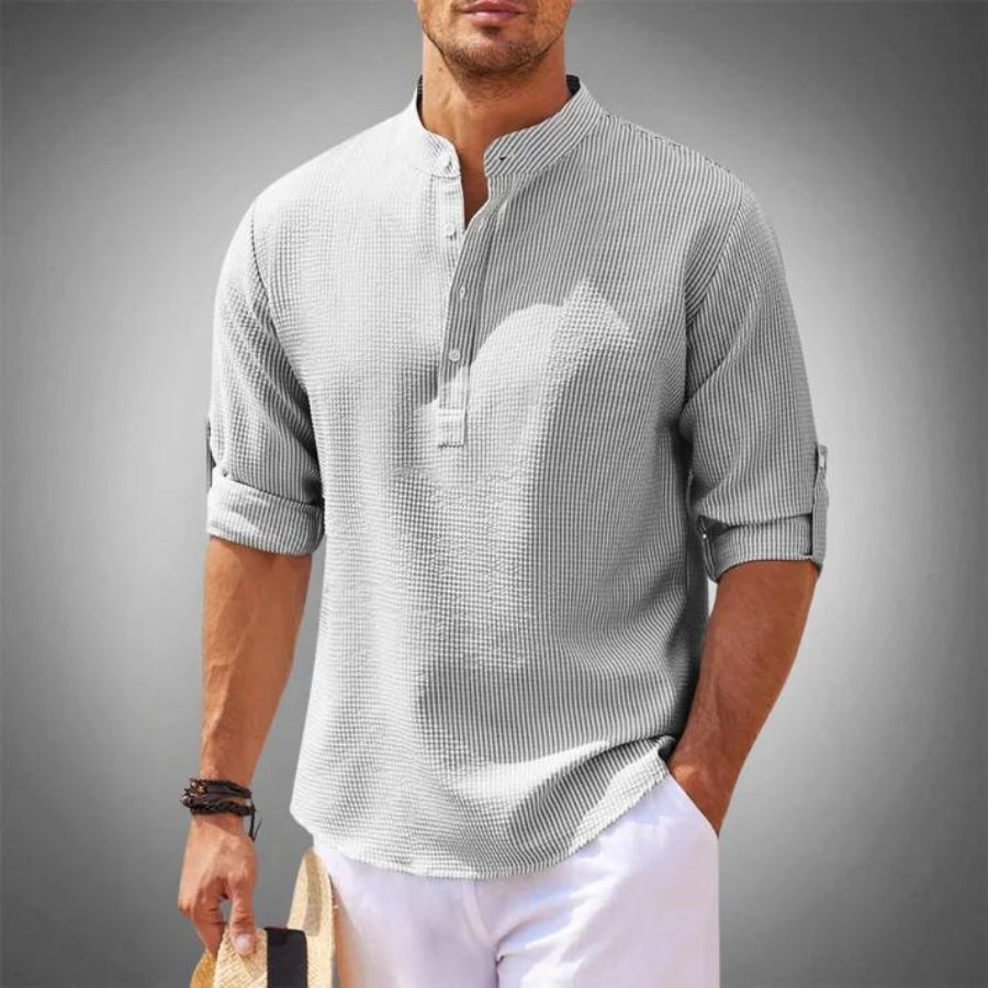 Luchtige heren zomerblouse met opstaande kraag – ademend, stijlvol & casual chic