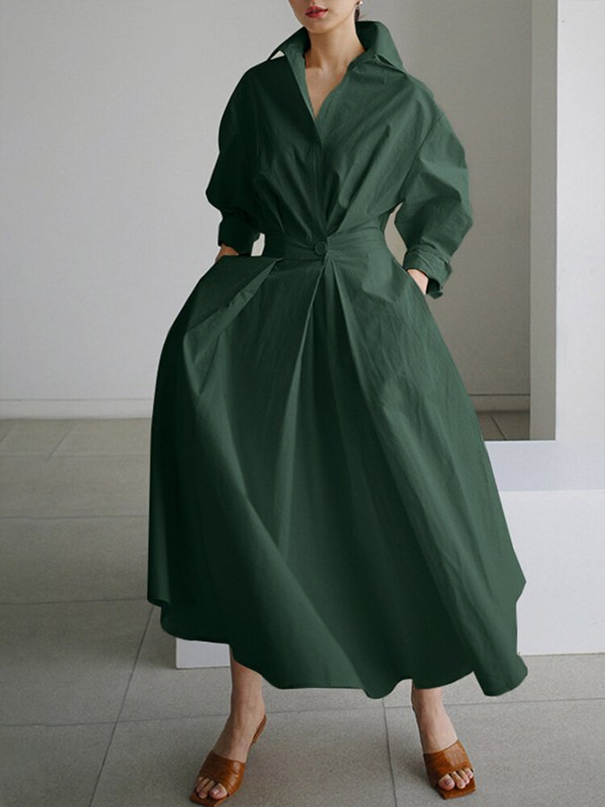 damesjurk met A-lijn en V-hals – luchtig katoen, taille-accent & midi lengte voor lente, zomer en herfst