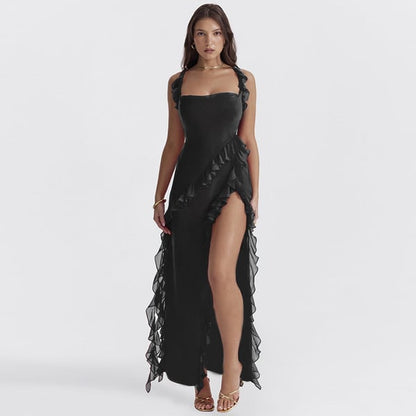 Lange Damesjurk Met Hoge Split En Ruches – Verleidelijke Avondjurk Met Elegante Details