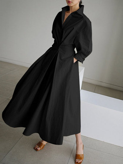 Stijlvolle Maxi Jurk Voor Dames – Effen Kleur, Praktische Zakken & Elegante Revers Met Knopen Voor Een Tijdloze Look Op Elke Gelegenheid.