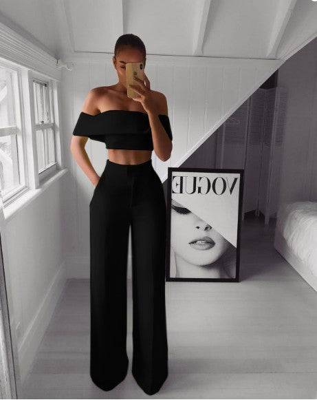 Tweedelige Dames Set Met Off-Shoulder Top En Wijde Broek – Lente, Zomer En Herfst
