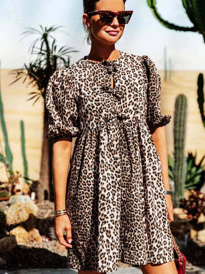 Dames Panterprint Jurk Met Pofmouwen En Strikdetails – Lente, Zomer En Vroege Herfst
