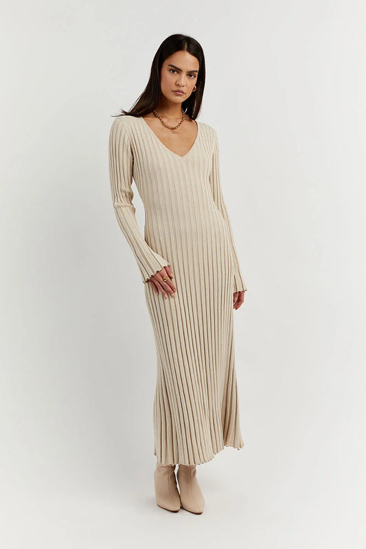 Dames Ribgebreide Maxi-Jurk Met V-Hals En Lange Mouwen – Voorjaar, Zomer En Herfst