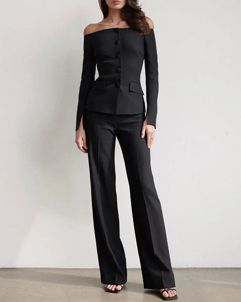 Dames Off-Shoulder Pak Met Getailleerde Blazer En Wijde Pantalon – Ideaal Voor Herfst, Winter En Voorjaar