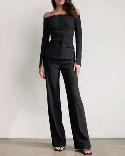 Dames Off-Shoulder Pak Met Getailleerde Blazer En Wijde Pantalon – Ideaal Voor Herfst, Winter En Voorjaar