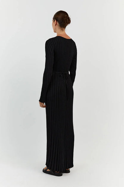 Dames Ribgebreide Maxi-Jurk Met V-Hals En Lange Mouwen – Voorjaar, Zomer En Herfst