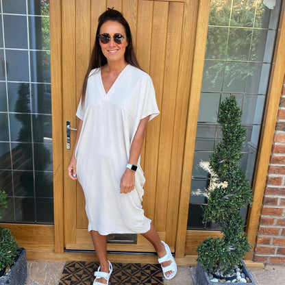 Dames Losvallende Midi-Jurk Met V-Hals En Korte Mouwen – Lente, Zomer En Casual Momenten