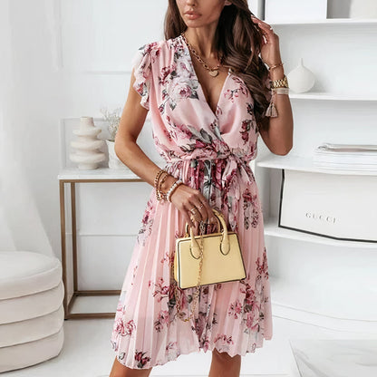 Elegante Plisséjurk Met V-Hals – Romantisch Model Met Bloemenprint En Strikceintuur