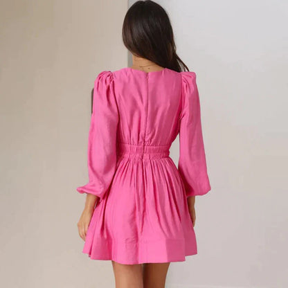 Korte Damesjurk Met V-Hals En Lange Mouwen – Luchtige A-Lijn Dress Met Taille-Accent