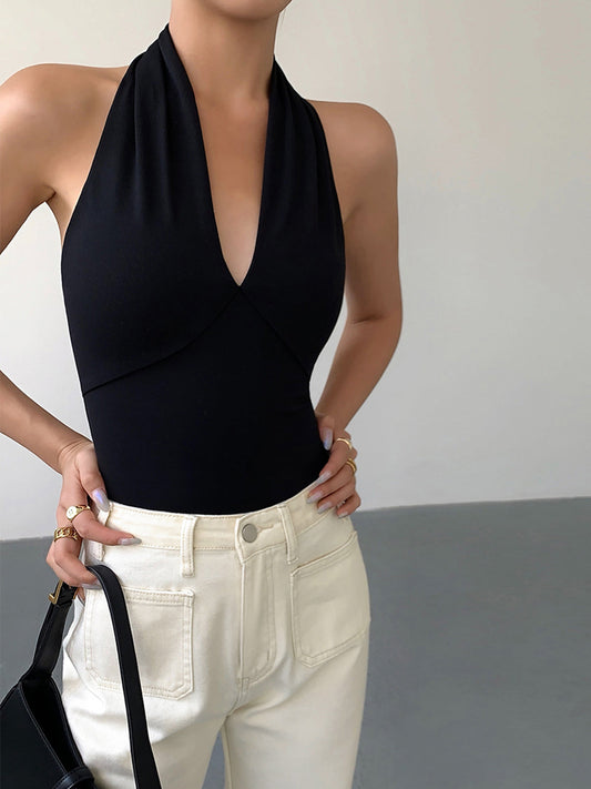 Stijlvolle V-Hals Haltertop Voor Modebewuste Vrouwen – Ademende Stof, Elegante Pasvorm & Perfect Voor Zomerse Avonden.