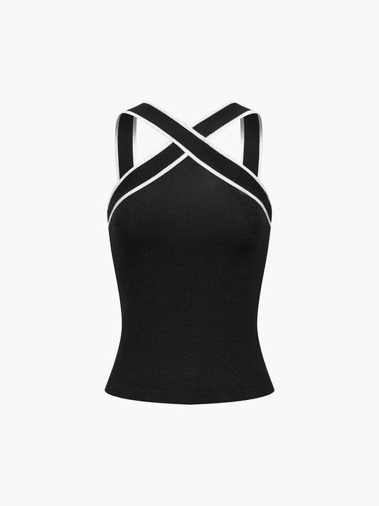 Stijlvolle Gebreide Top Voor Modebewuste Vrouwen – Contrastkleurige Bies, Verstelbare Bandjes & Ademend Comfort Voor Elke Gelegenheid.