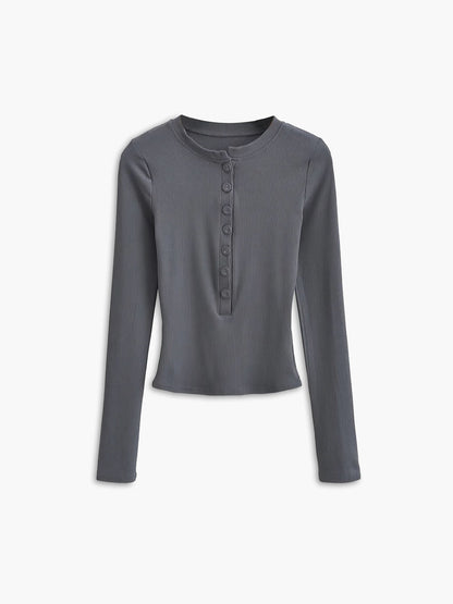 Aansluitende Dames Longsleeve Top – Ribstructuur, Knoopsluiting & Stretch Pasvorm