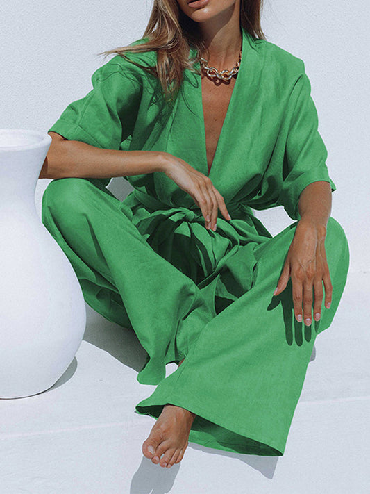 Luxe Oversized Linnen Tied Twee Delige Broek Set Voor Modebewuste Vrouwen – Ademend Materialen, Tijdloze Kleur & Elegante Comfort voor Elke Gelegenheid.