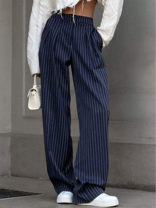 Gestreepte Plissé Pantalon Voor Vrouwen – Luchtig Polyester, Elegante Stijl & Ideaal Voor Zomerse Soirees.