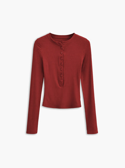 Aansluitende Dames Longsleeve Top – Ribstructuur, Knoopsluiting & Stretch Pasvorm