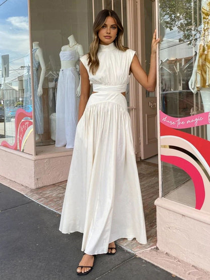 Elegante Mock Neck Cut Out Lange Jurk Voor Modebewuste Vrouwen – Gemaakt Van Luxe Stof, Verfijnde Snit & Ideaal Voor Feestelijke Gelegenheden.