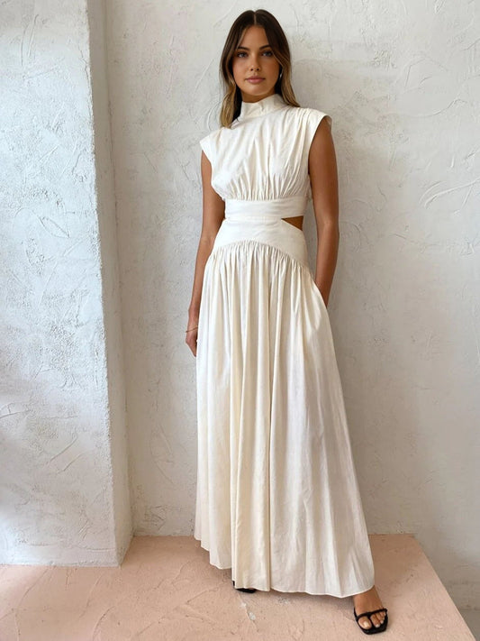 Elegante Mock Neck Cut Out Lange Jurk Voor Modebewuste Vrouwen – Gemaakt Van Luxe Stof, Verfijnde Snit & Ideaal Voor Feestelijke Gelegenheden.