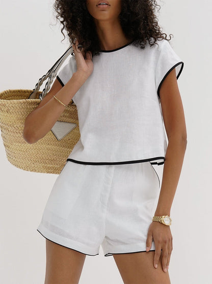 Dames Set Met Korte Broek En Top Met Contrastdetails – Zomer, Katoen & Perfect Voor Casual En Stijlvolle Momenten