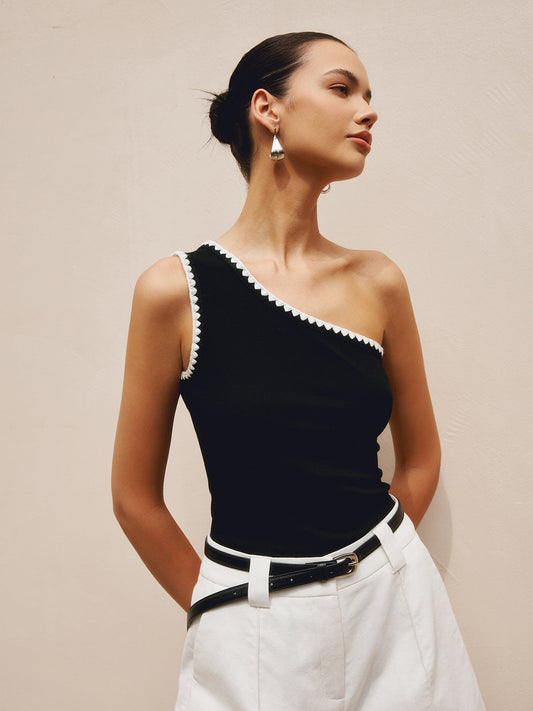 Stijlvolle Off-Shoulder Tanktop Voor Modebewuste Dames – Contrasttrim, Ademende Stof & Perfect Voor Zomeravonden.