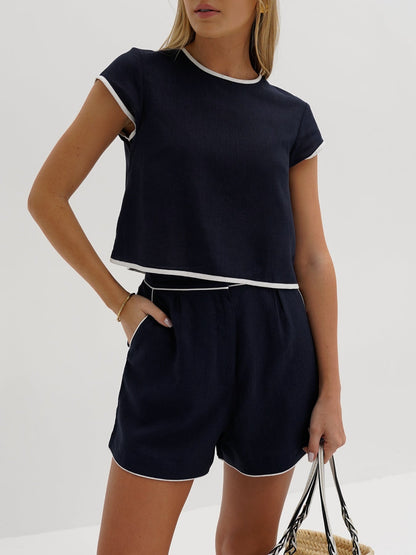 Dames Set Met Korte Broek En Top Met Contrastdetails – Zomer, Katoen & Perfect Voor Casual En Stijlvolle Momenten