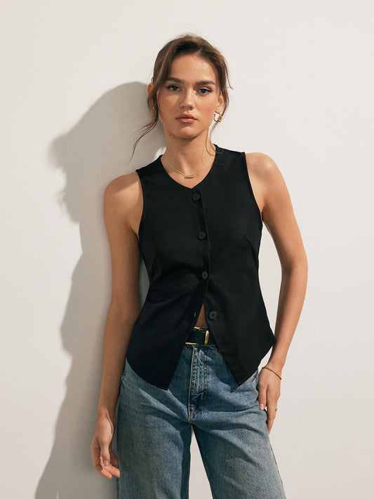 Linnenmix Knopen Top Voor Modebewuste Vrouwen – Luchtige Stoffen, Stijlvolle Accentknopen & Perfect Voor Zomerse Uitjes met Elegante Flair.