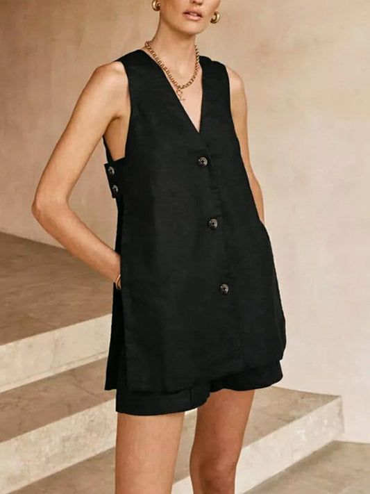 Moderne Mouwloze Dames Set Met V-Hals Top En Korte Broek – Zomer, Comfort & Verfijnde Look
