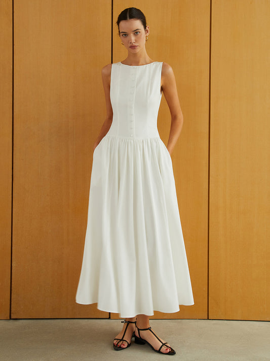 Elegante Mouwloze Lange Jurk Voor Modebewuste Vrouwen – Met Praktische Zakken, Eigentijdse Knopsluiting & Ideaal Voor Speciale Gelegenheden.