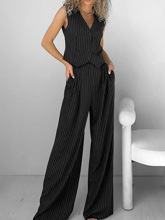 Gestreepte Dames Set – Mouwloos Gilet, Wijde Pantalon & Zakelijke Look Voor Zomer