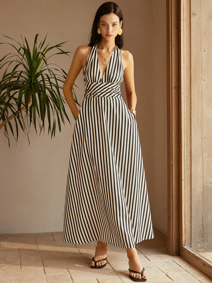 Gestreepte Rugloze Zakjes Jurk Voor Modebewuste Vrouwen – Ademend Katoen, Elegant Design & Perfect Voor Zomerse Uitjes.