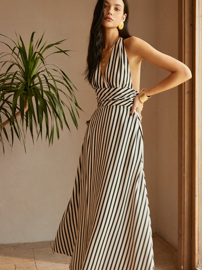 Gestreepte Rugloze Zakjes Jurk Voor Modebewuste Vrouwen – Ademend Katoen, Elegant Design & Perfect Voor Zomerse Uitjes.
