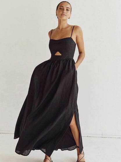 Stijlvolle Mouwloze Katoenen Jurk Voor Modebewuste Dames – Elegante Uitsnijdingen, Handige Zakjes & Ademend Comfort Voor Elke Zomerse Gelegenheid.